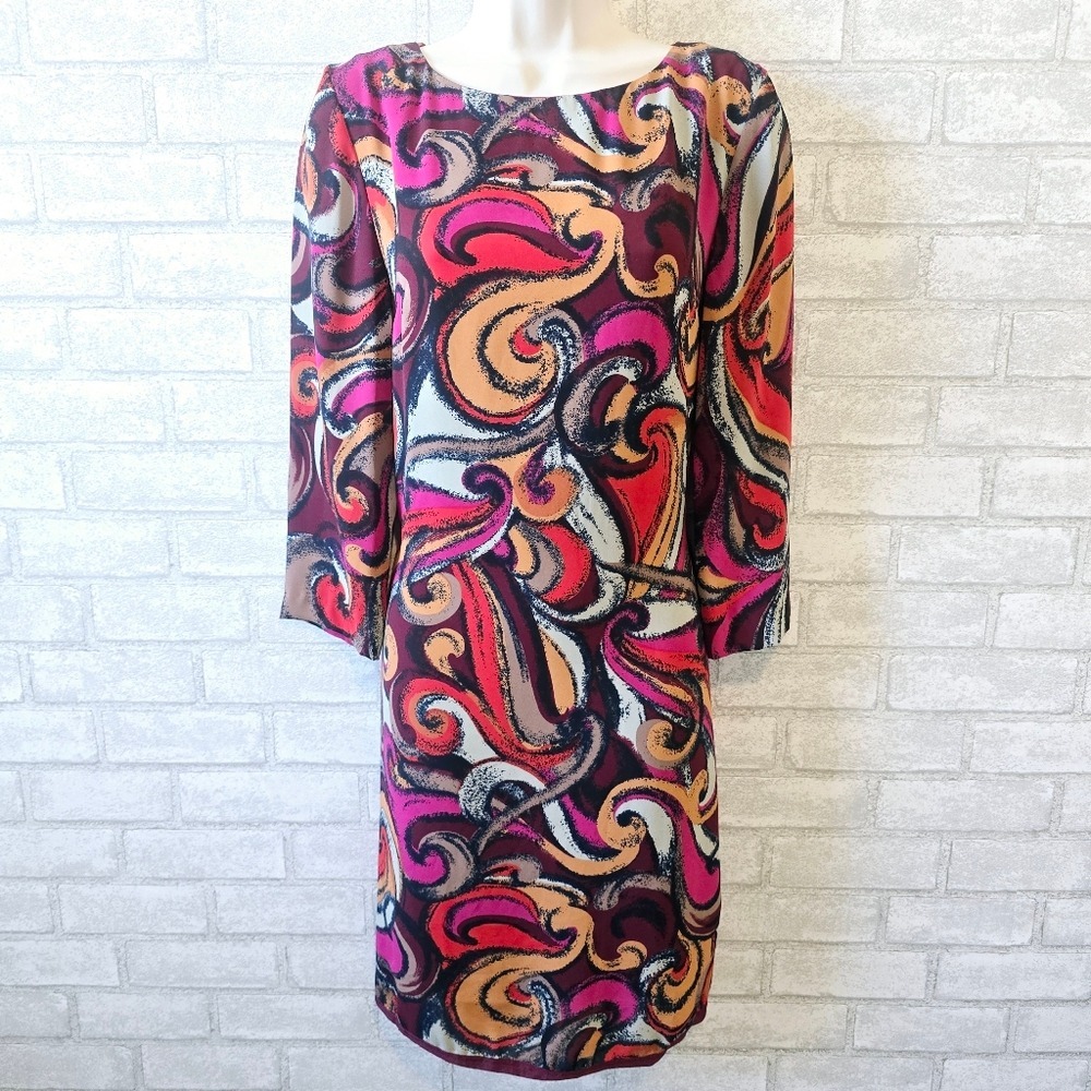 Maeve Anthropologie Pink Orange Paisley Swirl Shift Dress 3/4 Sleeve Small
